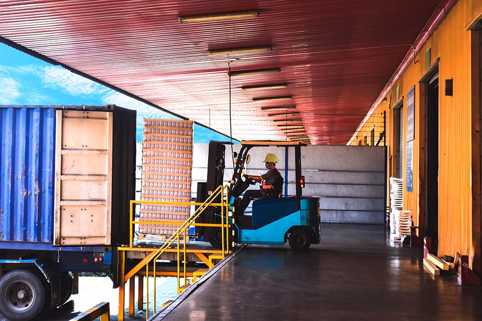 Forklift stuffing-unstuffing pallets of cargo to container on warehouse leveler dock.